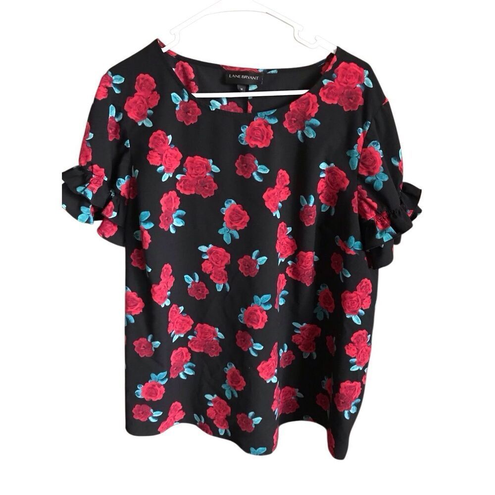 Lane Bryant plus Sz 20 Black red ruffle short sleeve Floral Top